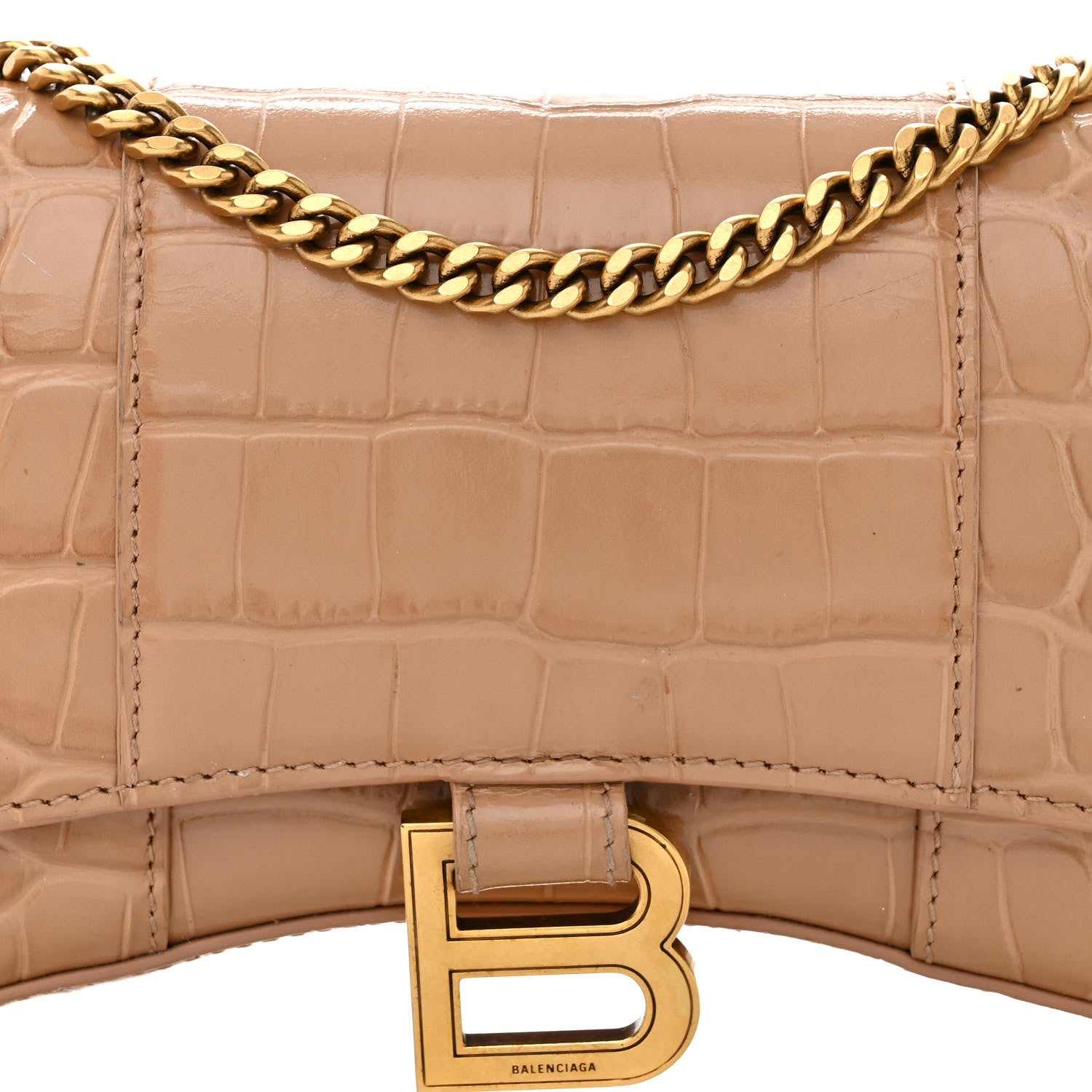 Balenciaga Shiny Calfskin Crocodile Embossed Hourglass Chain Bag Nude Beige 7 of 9