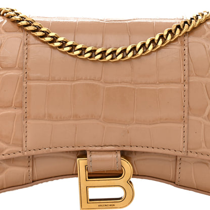 Balenciaga Shiny Calfskin Crocodile Embossed Hourglass Chain Bag Nude Beige 7 of 9