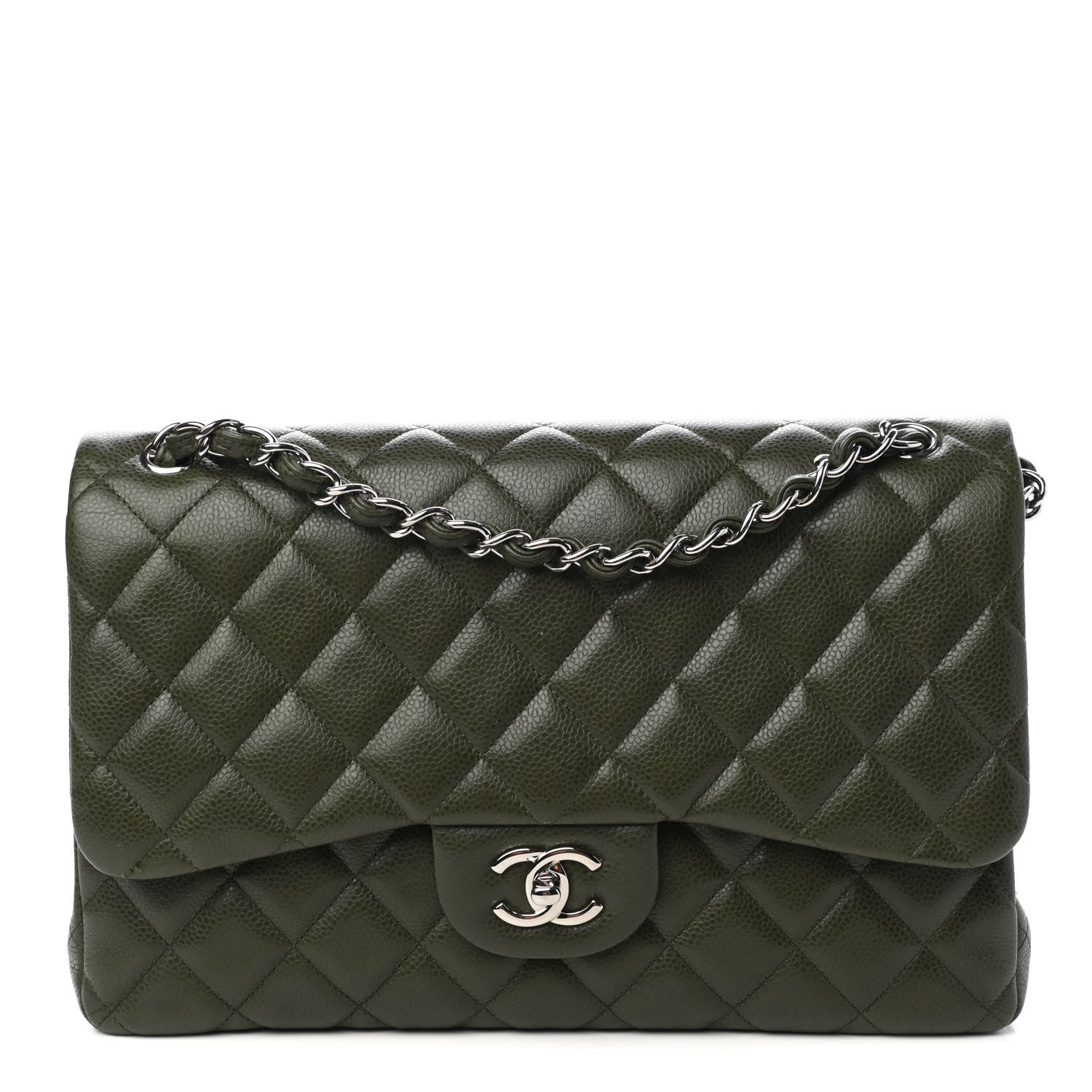 Chanel Caviar Quilted Jumbo Double Flap Dark Green 1 of 10