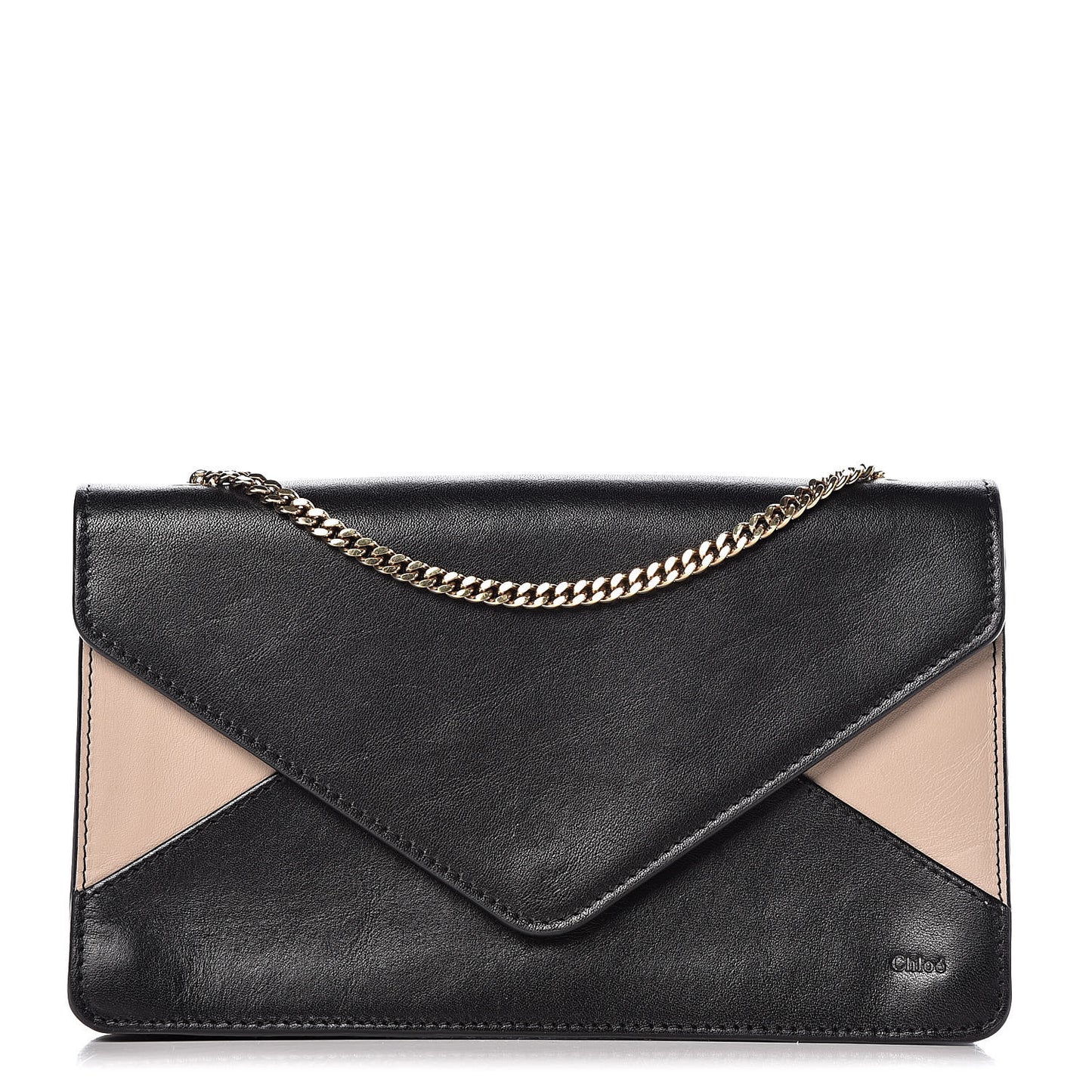 Calfskin Patchwork Chain Wallet Black Beige
