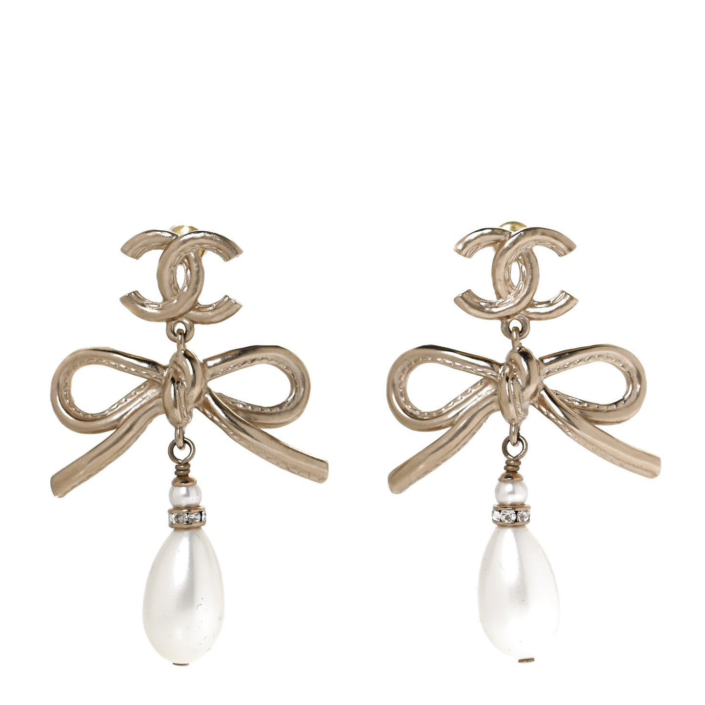 Pearl Crystal CC Bow Drop Earrings Gold Pearly White