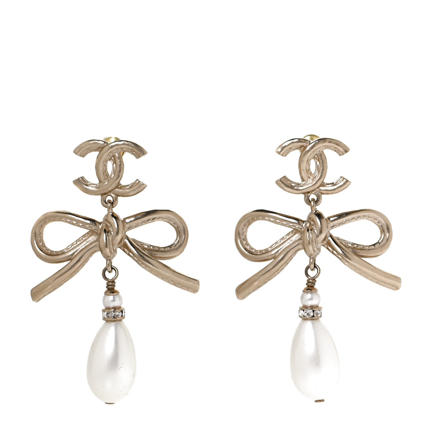 Chanel Pearl Crystal CC Bow Drop Earrings Gold Pearly White 2 of 6