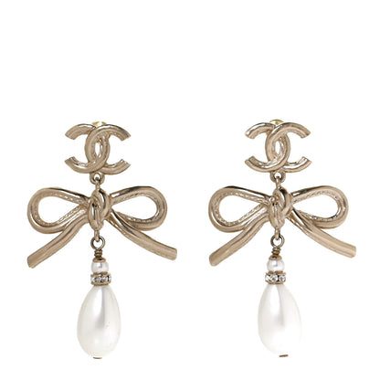 Chanel Pearl Crystal CC Bow Drop Earrings Gold Pearly White 2 of 6