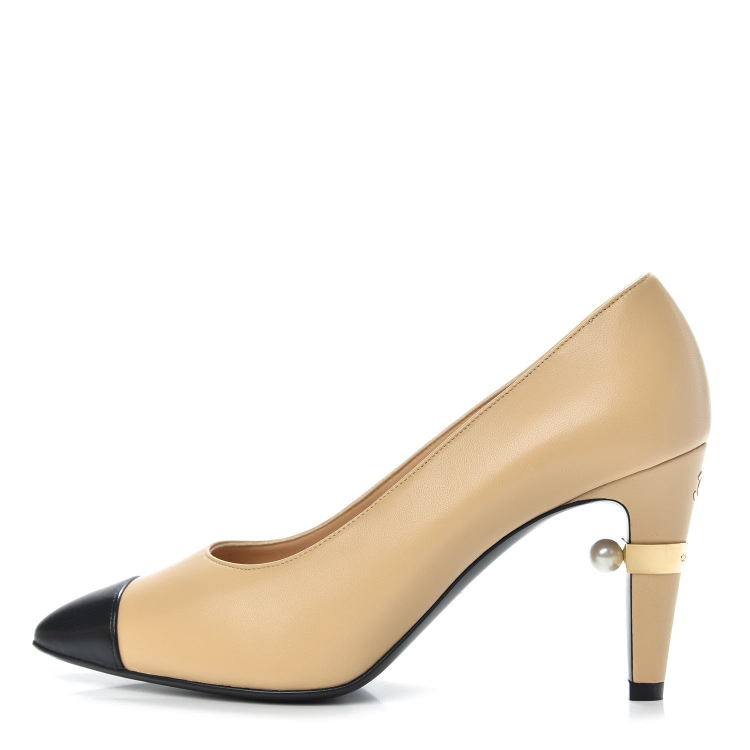 Chanel Lambskin Cap Toe Pearl Pumps 38 Beige Black 1 of 10
