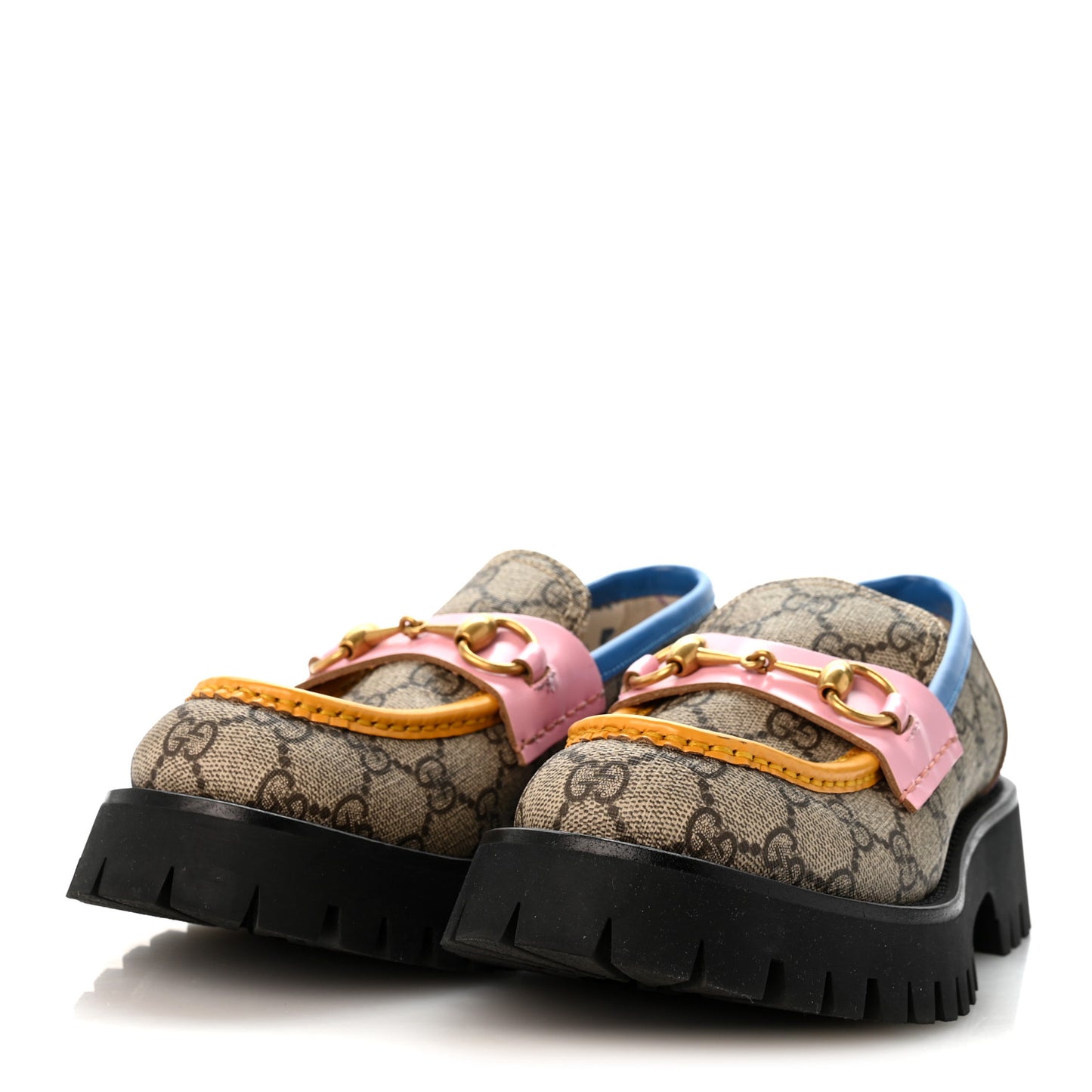 GG Supreme Monogram Cordovan Lux Womens Harald Horsebit 25mm Platform Loafers 37 Beige Sugar Pink Crop Shine Purple Marine