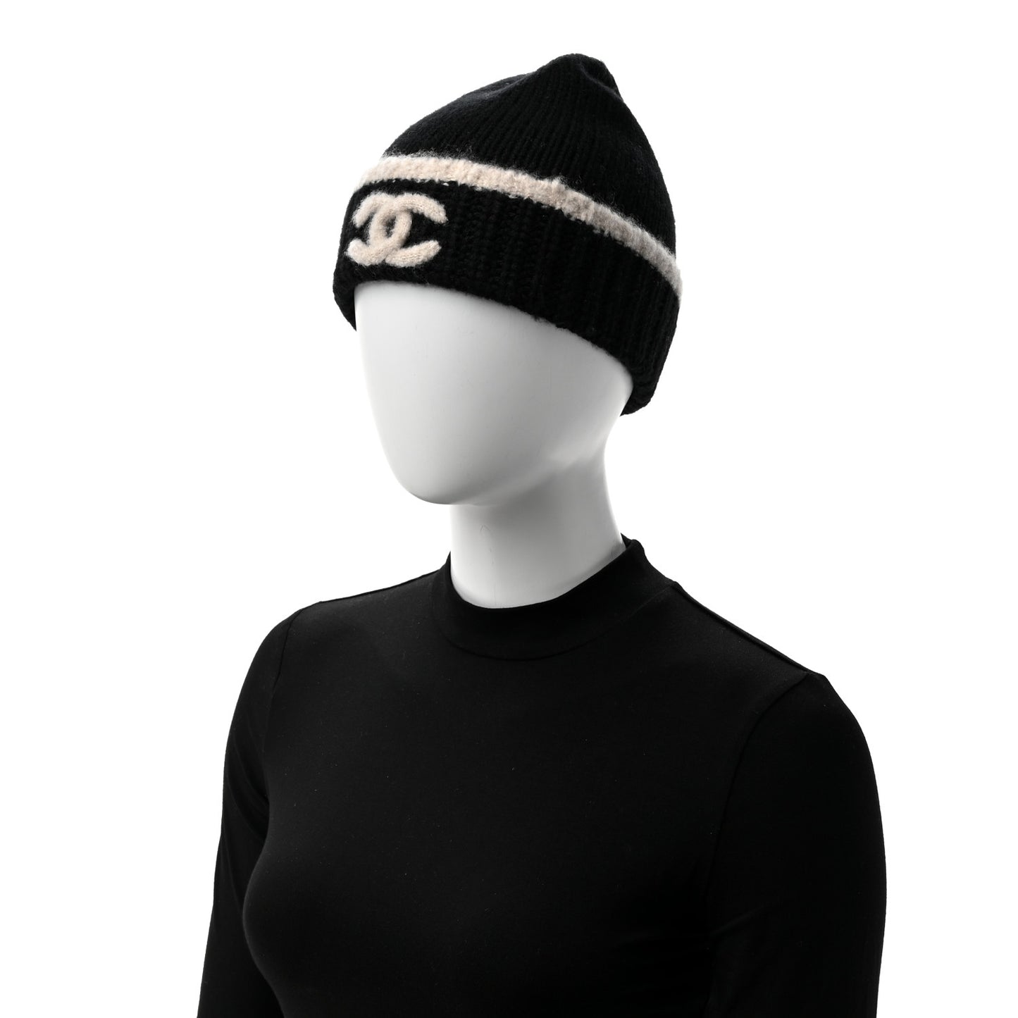 Cashmere Wool Silk CC Beanie Hat Black Light Beige