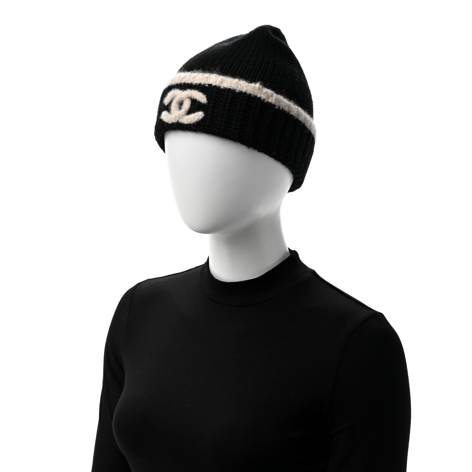 Chanel Cashmere Wool Silk CC Beanie Hat Black Light Beige 2 of 5