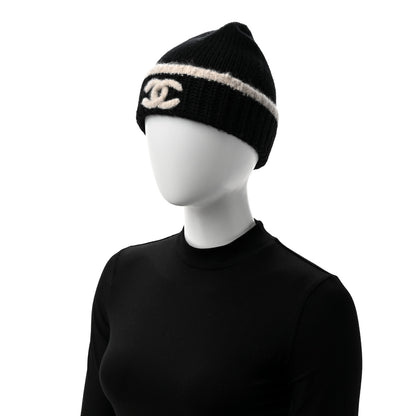 Chanel Cashmere Wool Silk CC Beanie Hat Black Light Beige 2 of 5