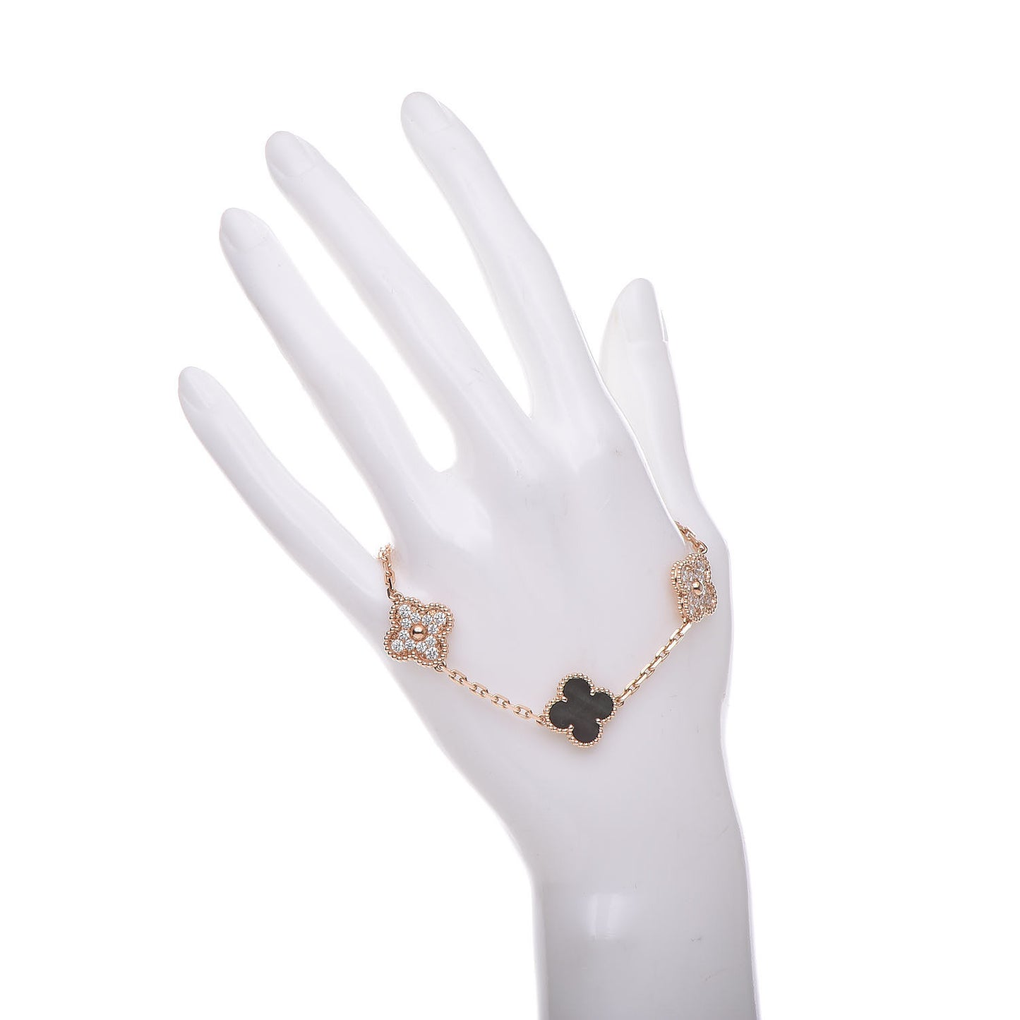 18K Rose Gold Diamond Gray Mother of Pearl 5 Motifs Vintage Alhambra Bracelet