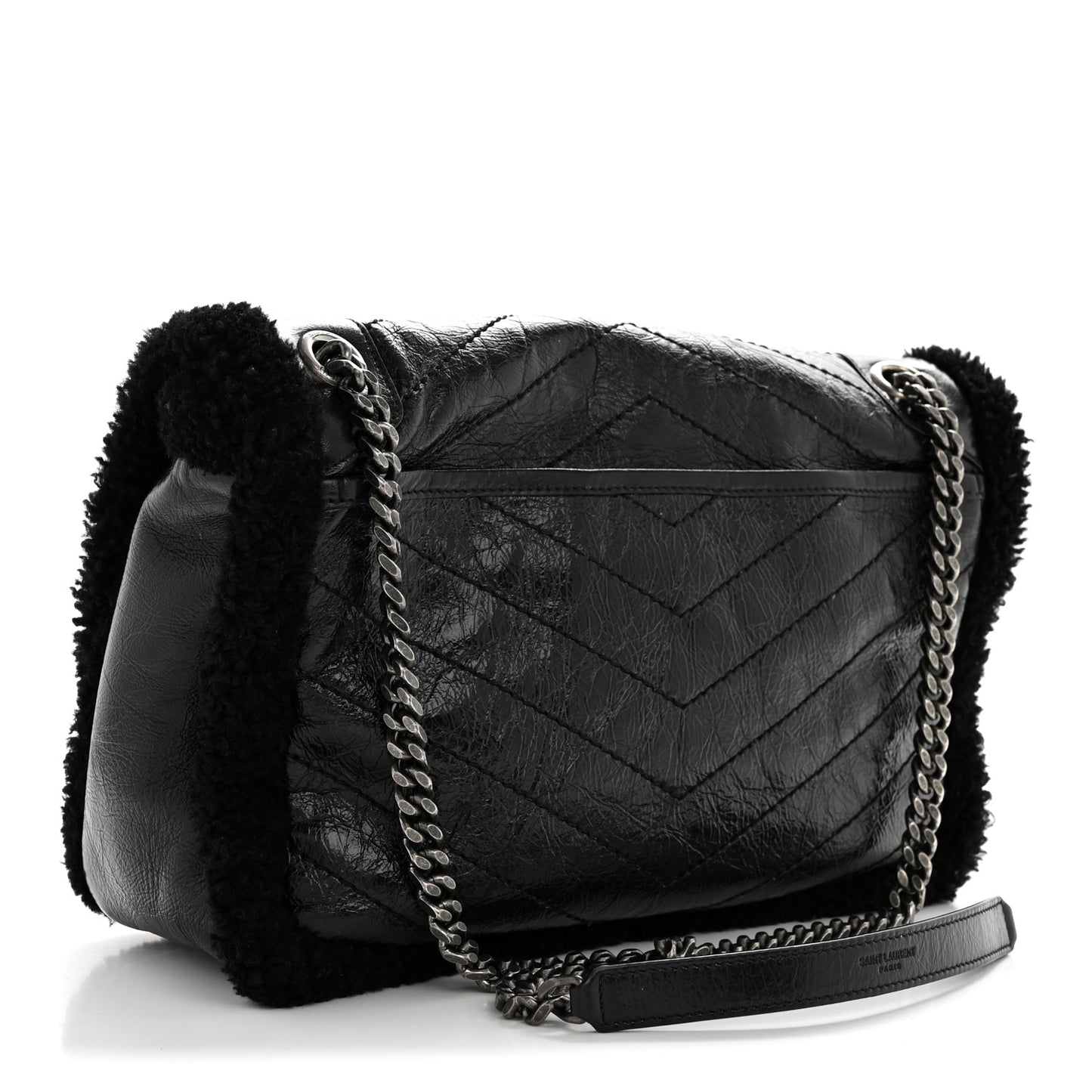 Crinkled Calfskin Shearling Monogram Medium Niki Chain Satchel Black