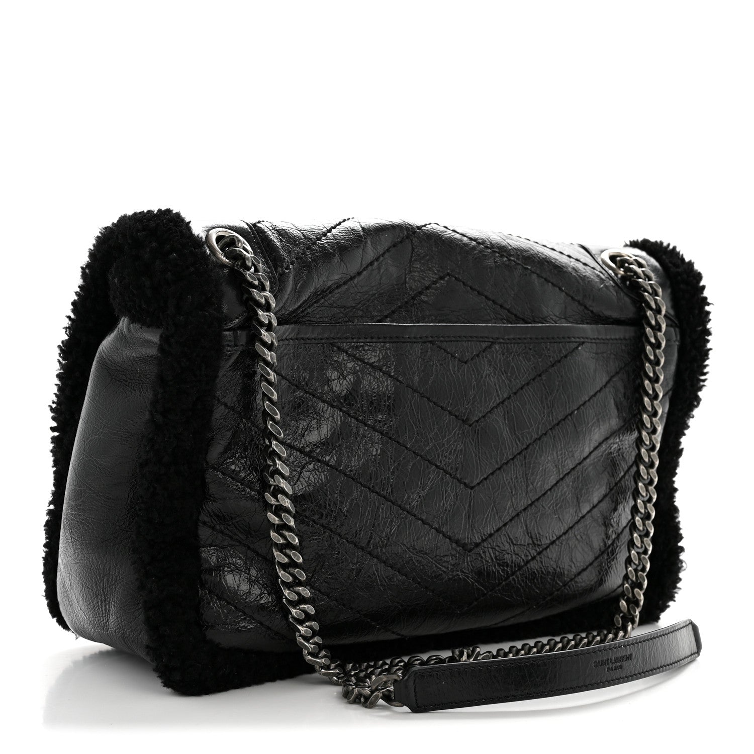 Saint Laurent Crinkled Calfskin Shearling Monogram Medium Niki Chain Satchel Black 3 of 14
