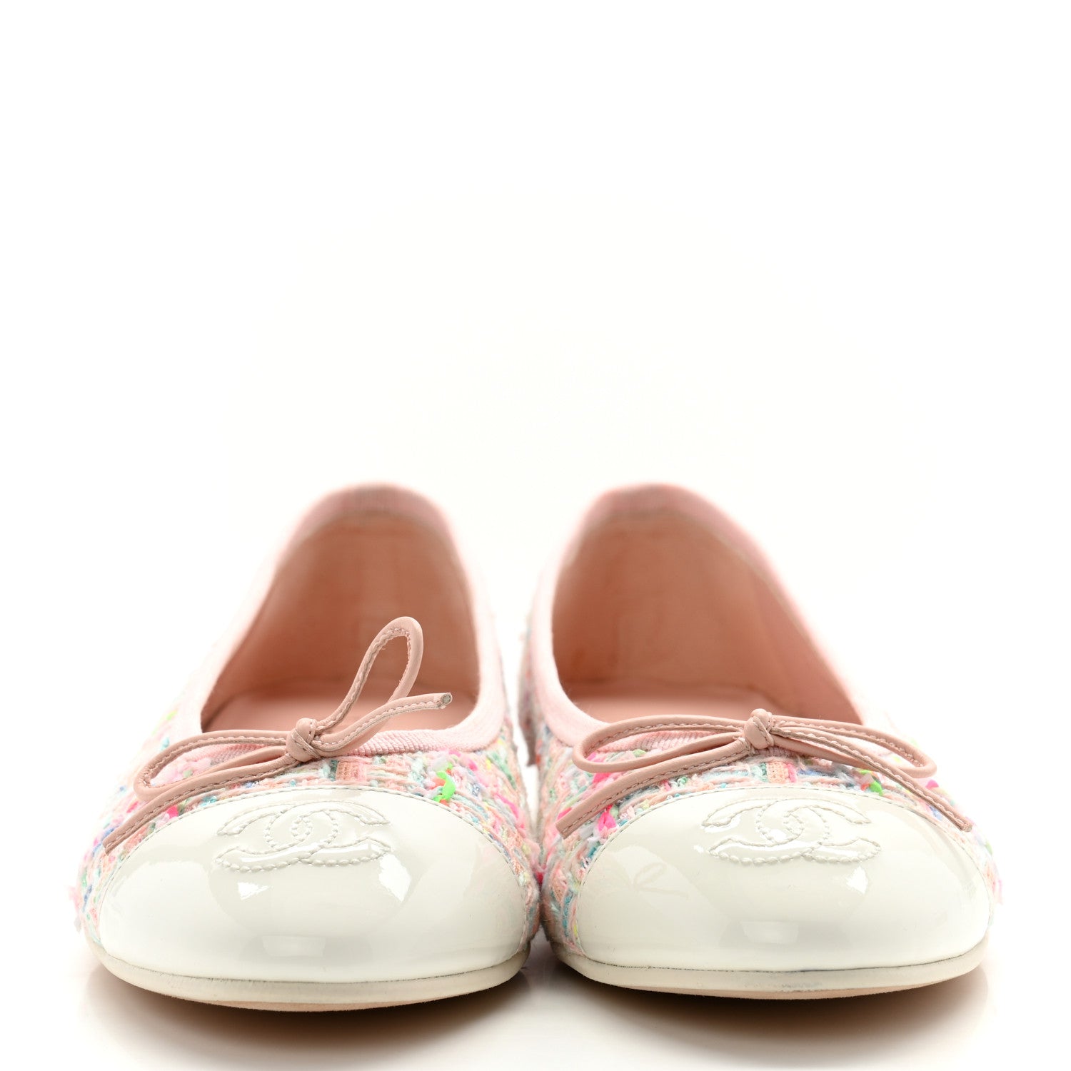 Chanel Cotton Tweed Patent Calfskin Cap Toe Ballerina Flats 36.5 Light Pink Multicolor White 2 of 12
