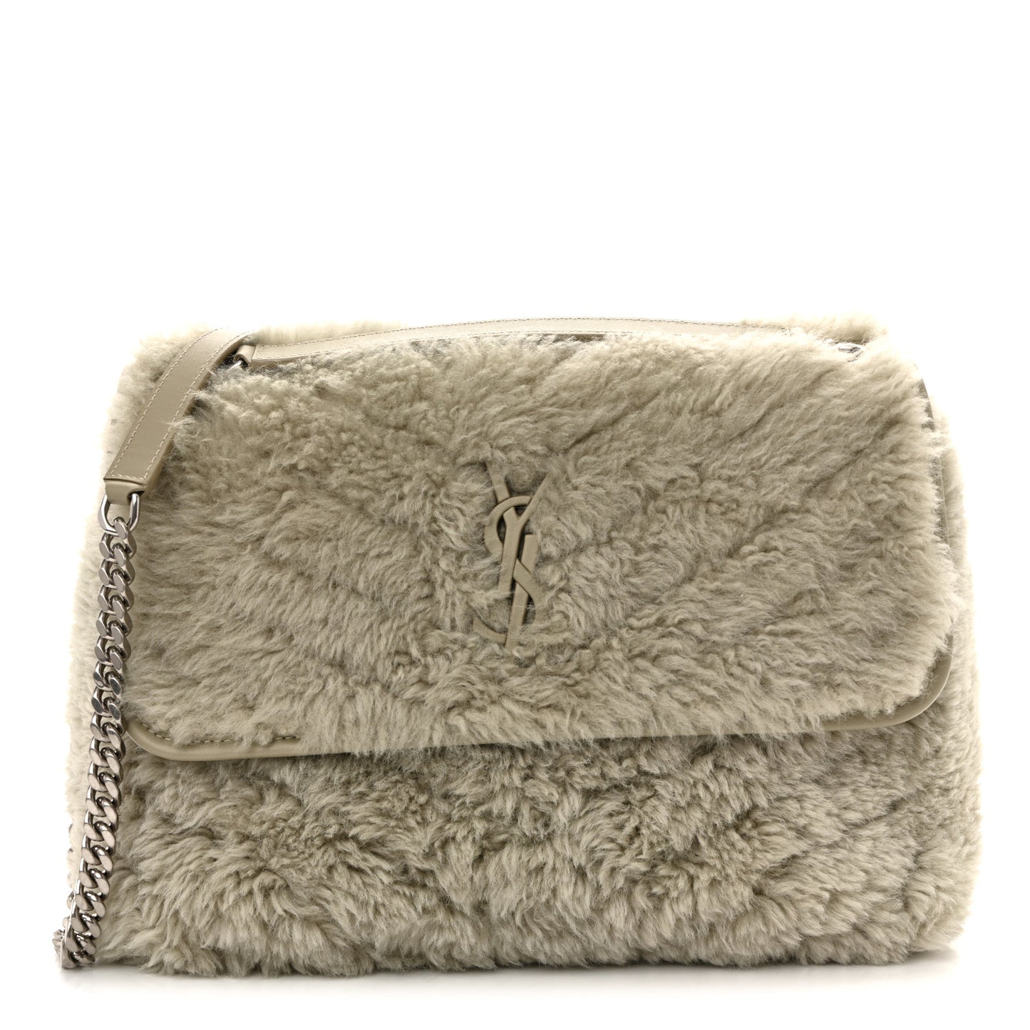 Calfskin Shearling Monogram Medium Niki Chain Satchel Grey