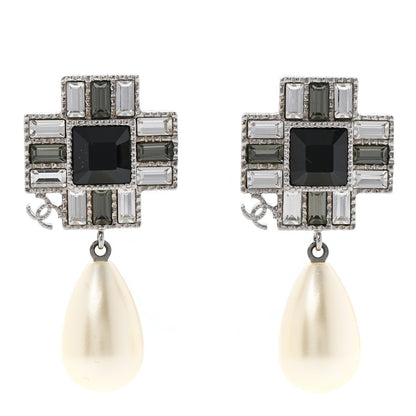 Chanel Crystal Baguette Pearl Cross Drop Earrings Grey Black Silver 1 of 5