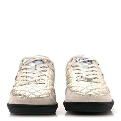 Chanel Laminated Calfskin Suede Quilted Womens CC Sneakers 39 Silver White 3 of 14