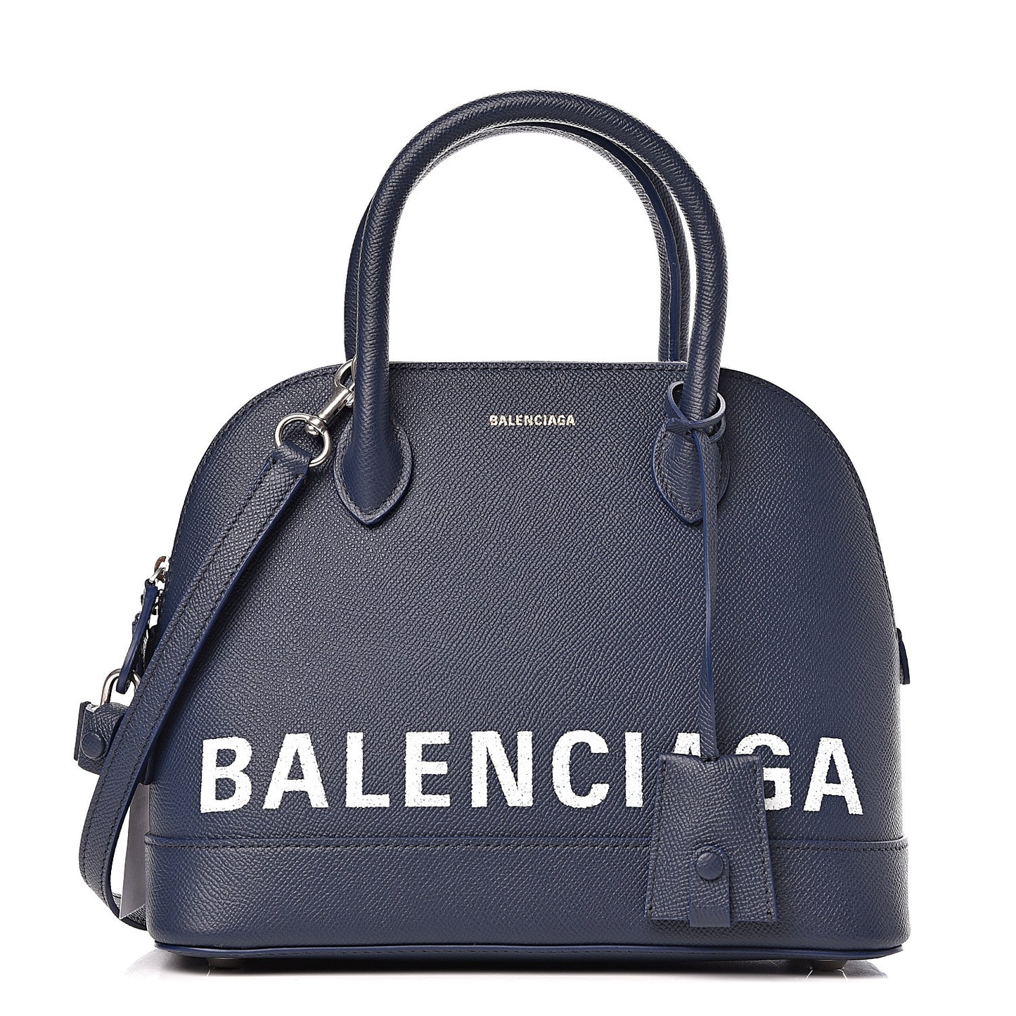 Signature Grained Calfskin Logo S Ville Top Handle Bag Bleu Canopee White