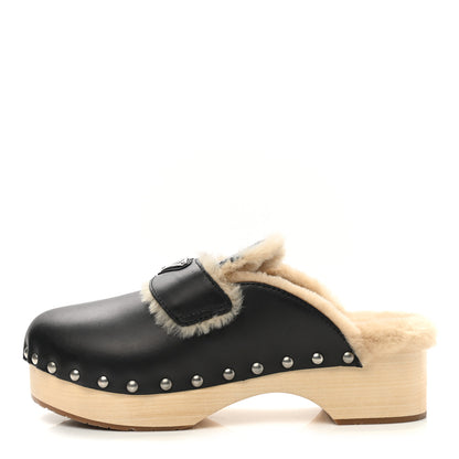 Prada Natural Calfskin Shearling Metal Triangle Logo 45mm Clogs 41 Black Sabbia 1 of 10