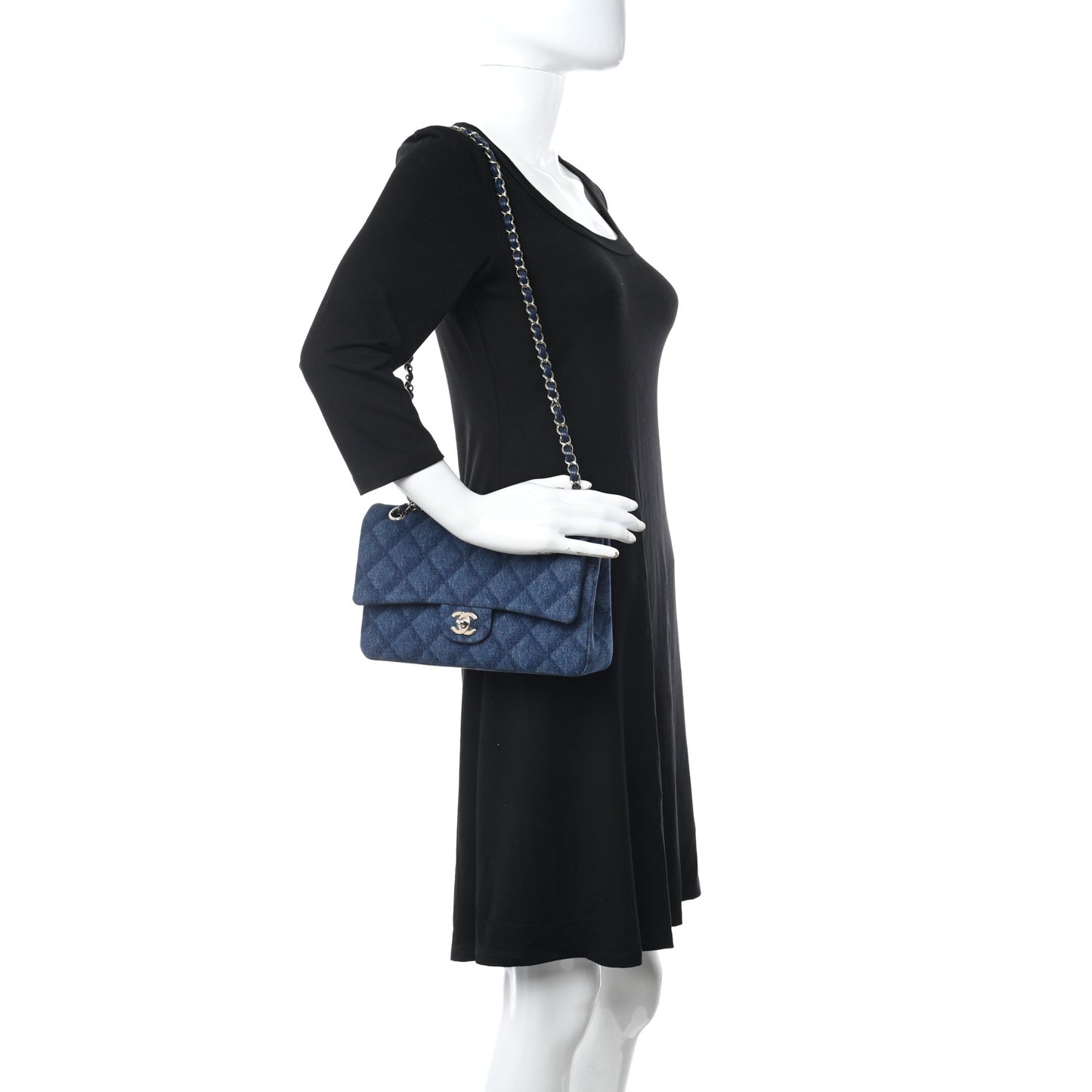 Printed Denim Quilted Medium Double Flap Dark Blue