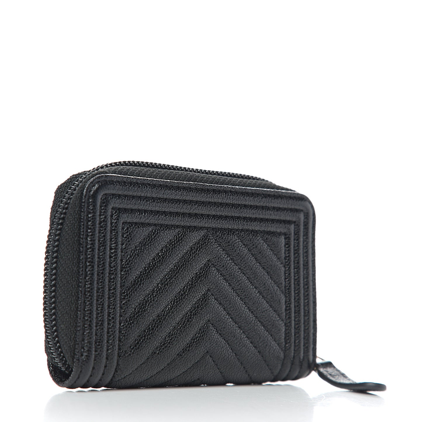 Caviar Chevron Quilted Boy Zip Around Coin Purse Wallet Black