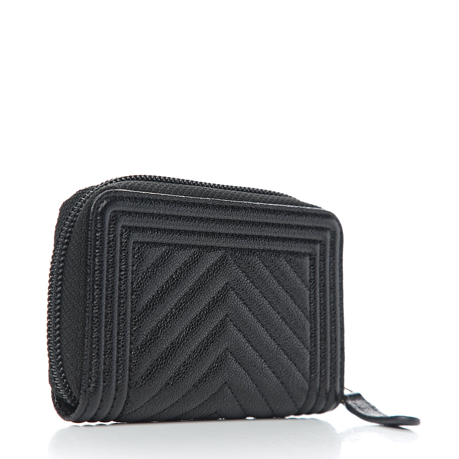 Chanel Caviar Chevron Quilted Boy Zip Around Coin Purse Wallet Black 2 of 7