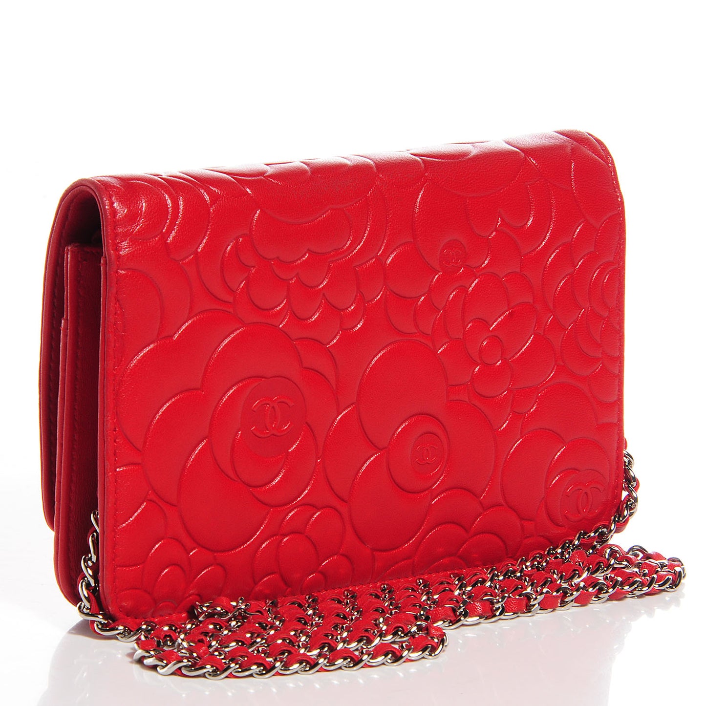 Lambskin Camellia Embossed Wallet On Chain WOC Red
