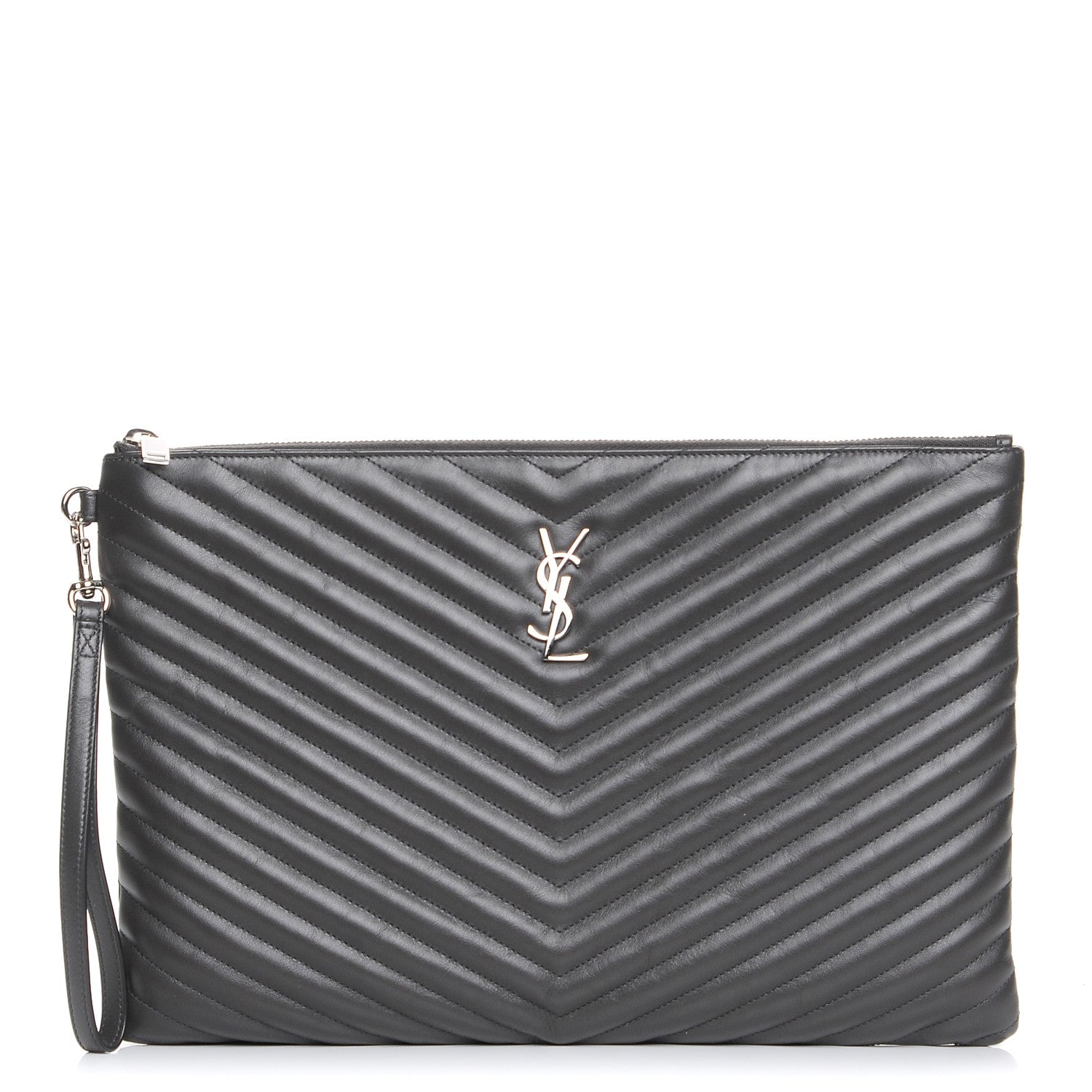 Saint Laurent Calfskin Matelasse Chevron Cassandre Monogram Document Holder Coal 1 of 8