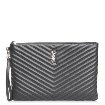 Saint Laurent Calfskin Matelasse Chevron Cassandre Monogram Document Holder Coal 1 of 8