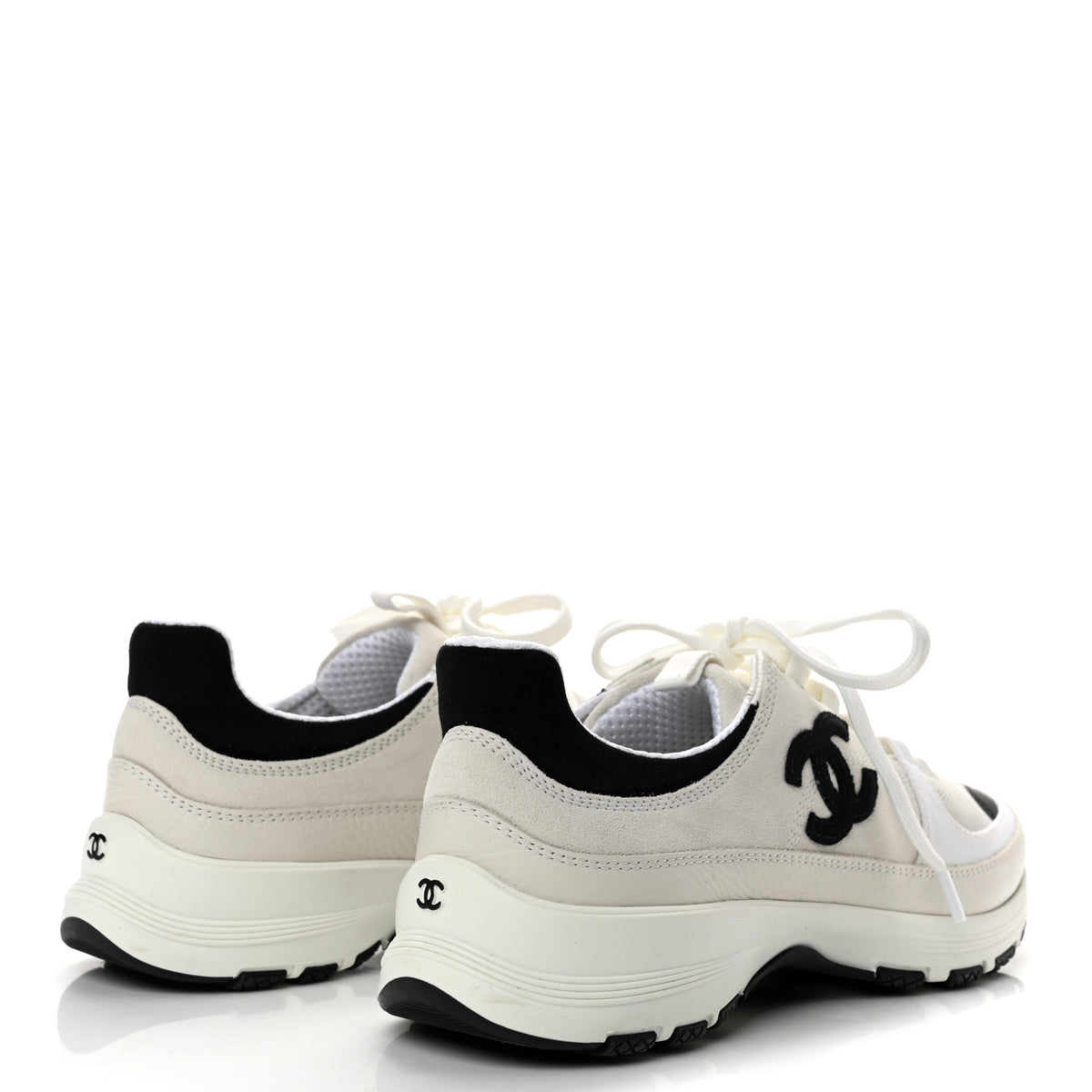 Suede Calfskin Grosgrain Womens CC Sneakers 38 White Black