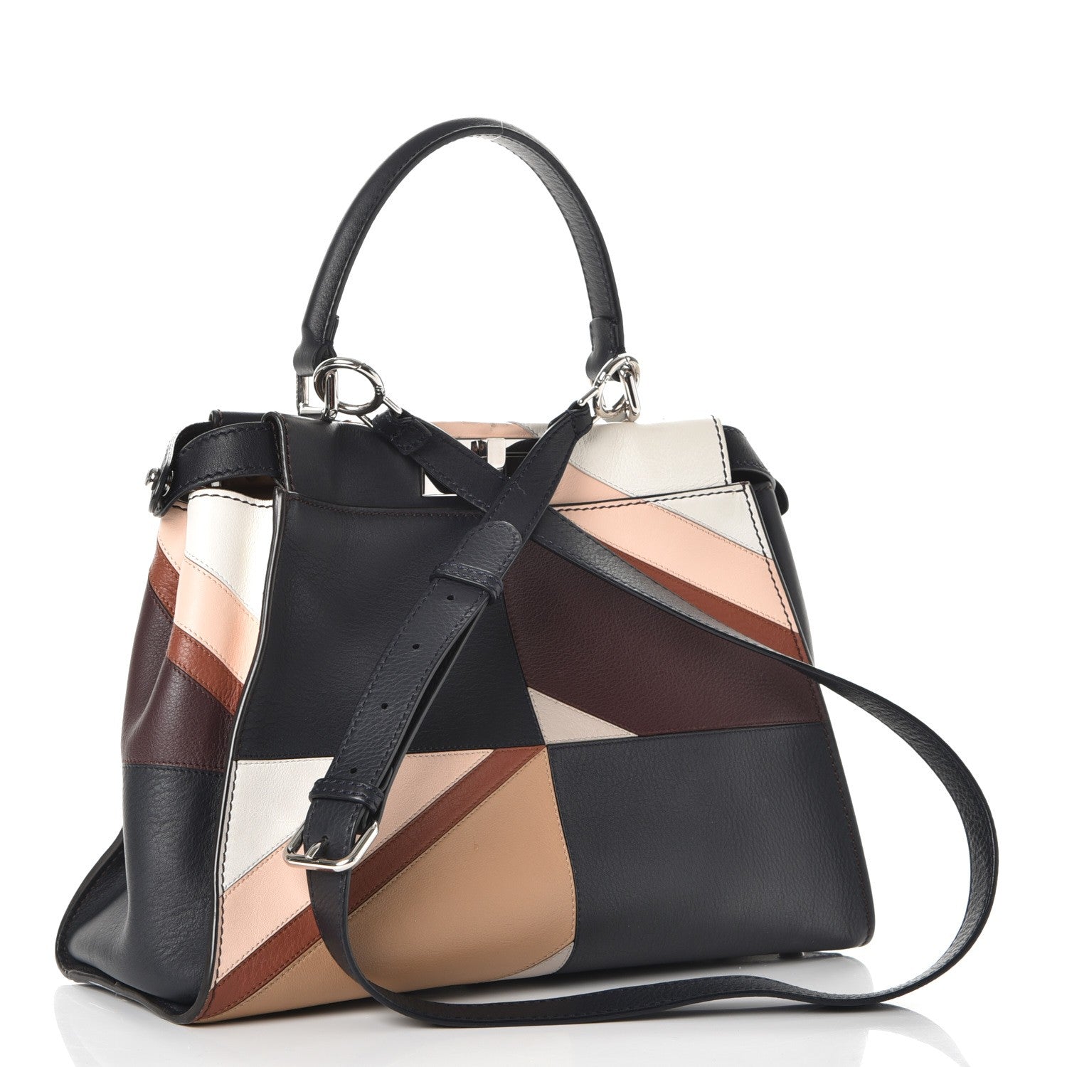 Fendi Vitello Seta Patchwork Medium Peekaboo Iconic Satchel Night Blue Multicolor 4 of 11