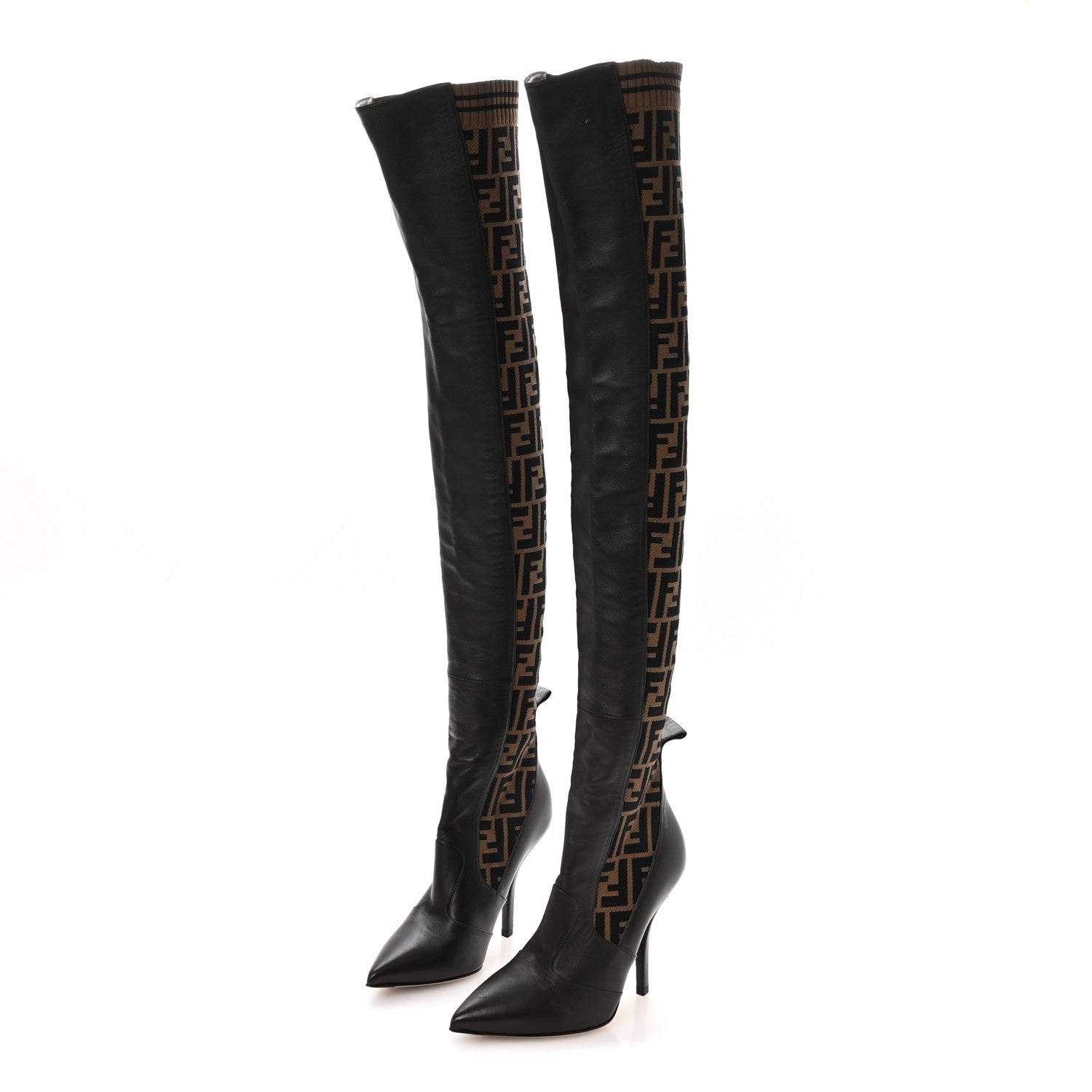 Fendi Nappa Microfiber Fabric FF Rockoko Thigh High Boots 38 Ebano