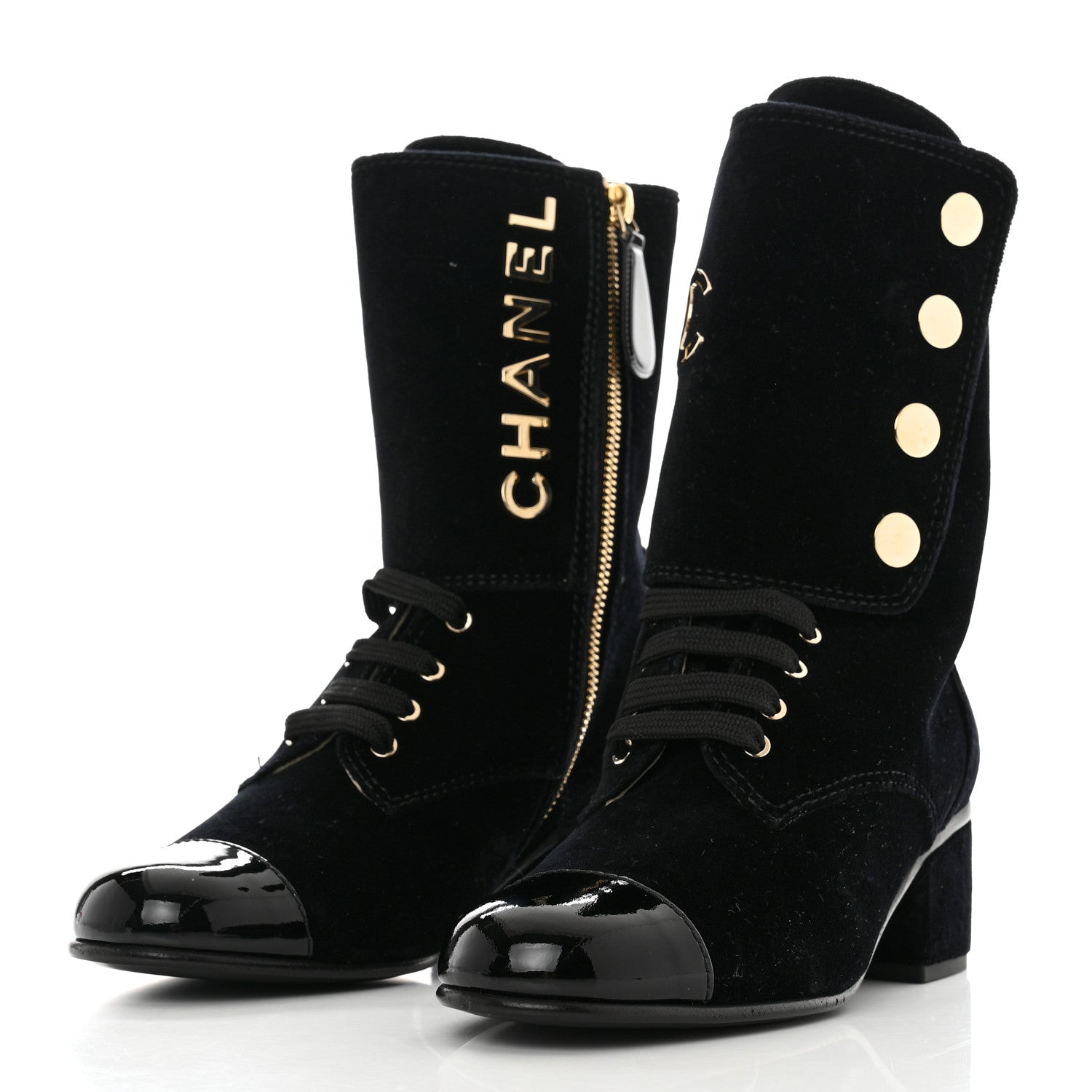 Chanel Velvet Patent Cap Toe CC Lace Up Boots 36.5 Black 3 of 10