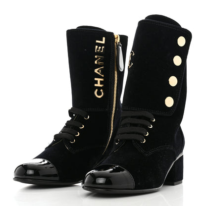 Chanel Velvet Patent Cap Toe CC Lace Up Boots 36.5 Black 3 of 10