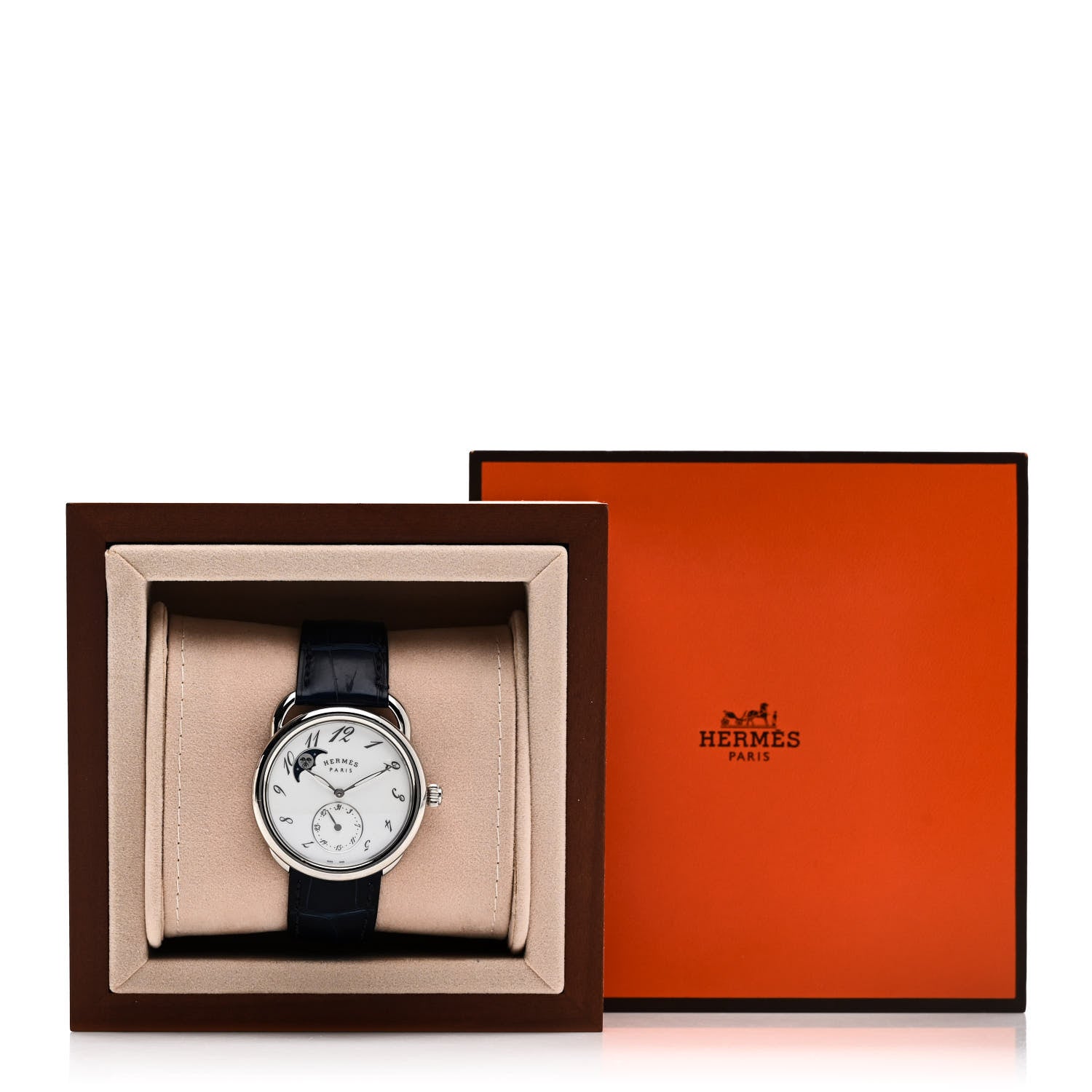 Hermes Stainless Steel Alligator Mother of Pearl 38mm Arceau Petite Lune Automatic Watch Bleu Saphir 5 of 5