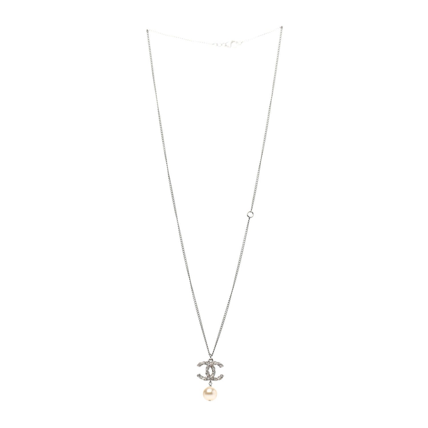 Crystal Pearl Twisted CC Drop Necklace Silver