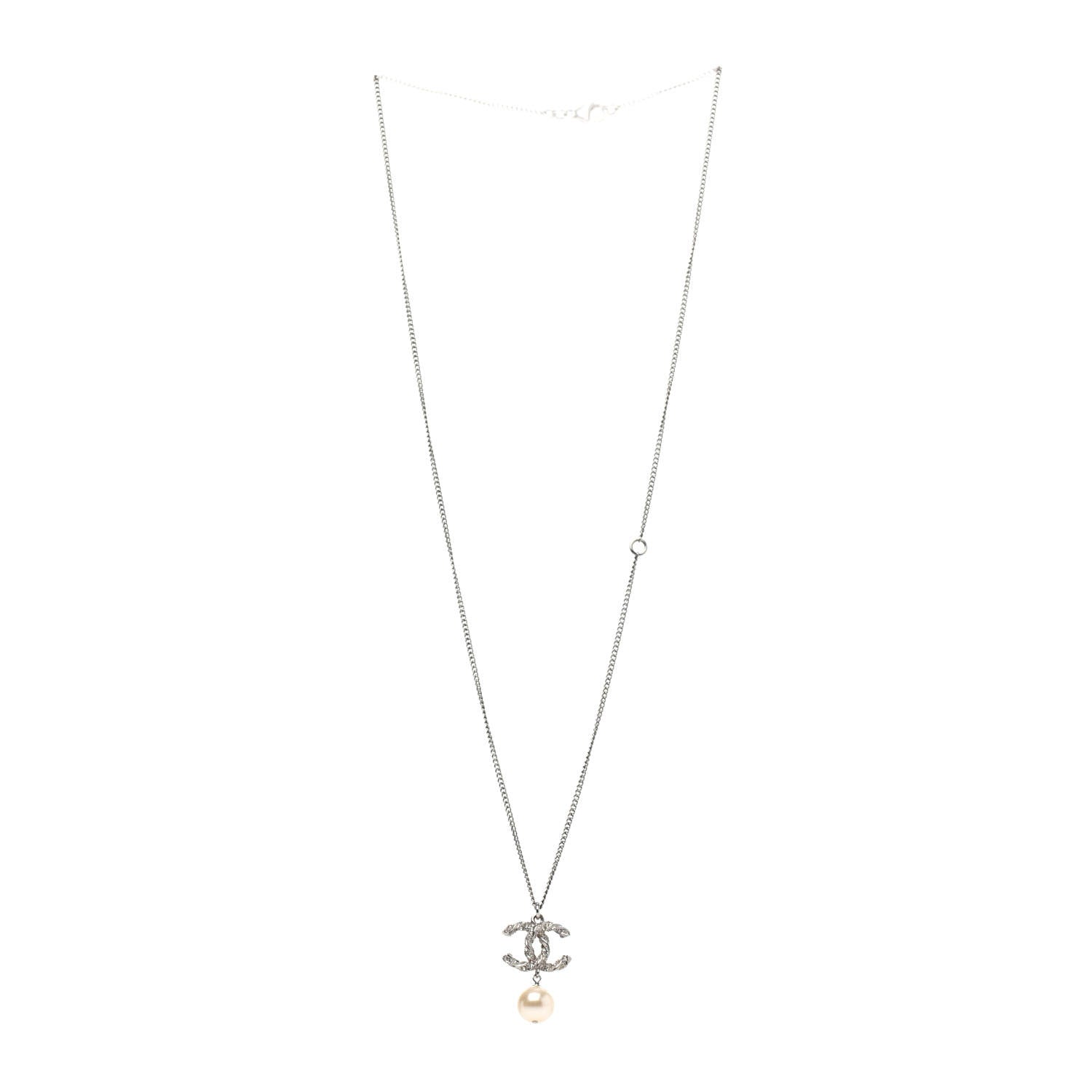 Chanel Crystal Pearl Twisted CC Drop Necklace Silver 2 of 4