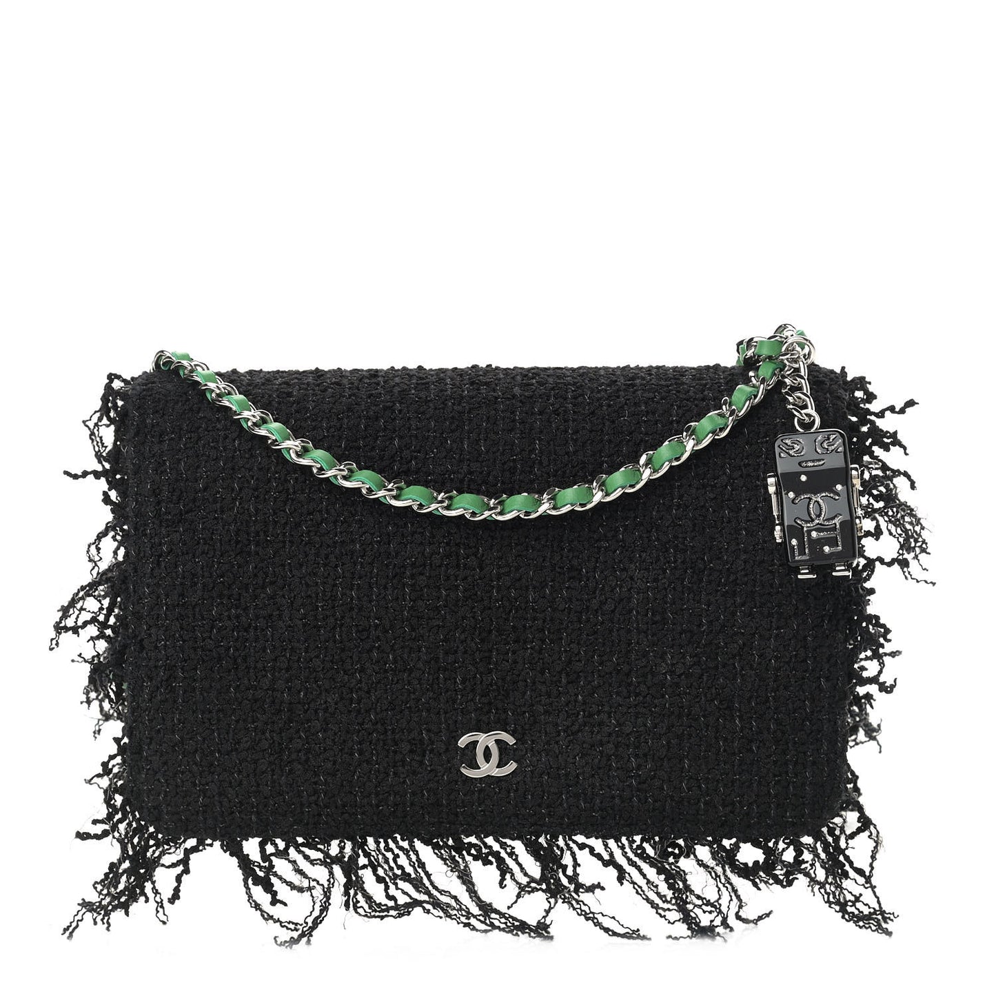 Tweed Fringe Wallet On Chain WOC Black Green