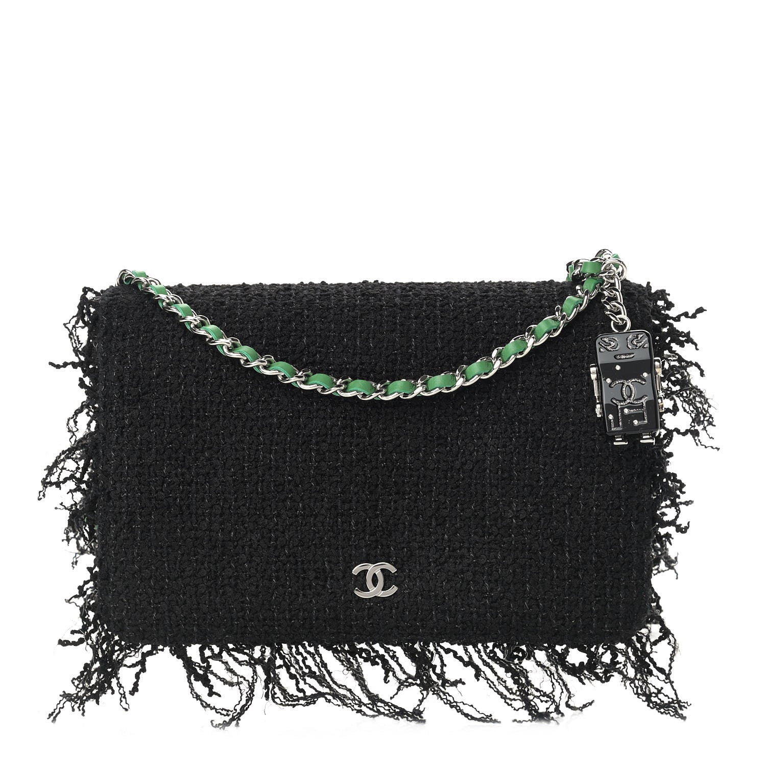 Chanel Tweed Fringe Wallet On Chain WOC Black Green 1 of 11