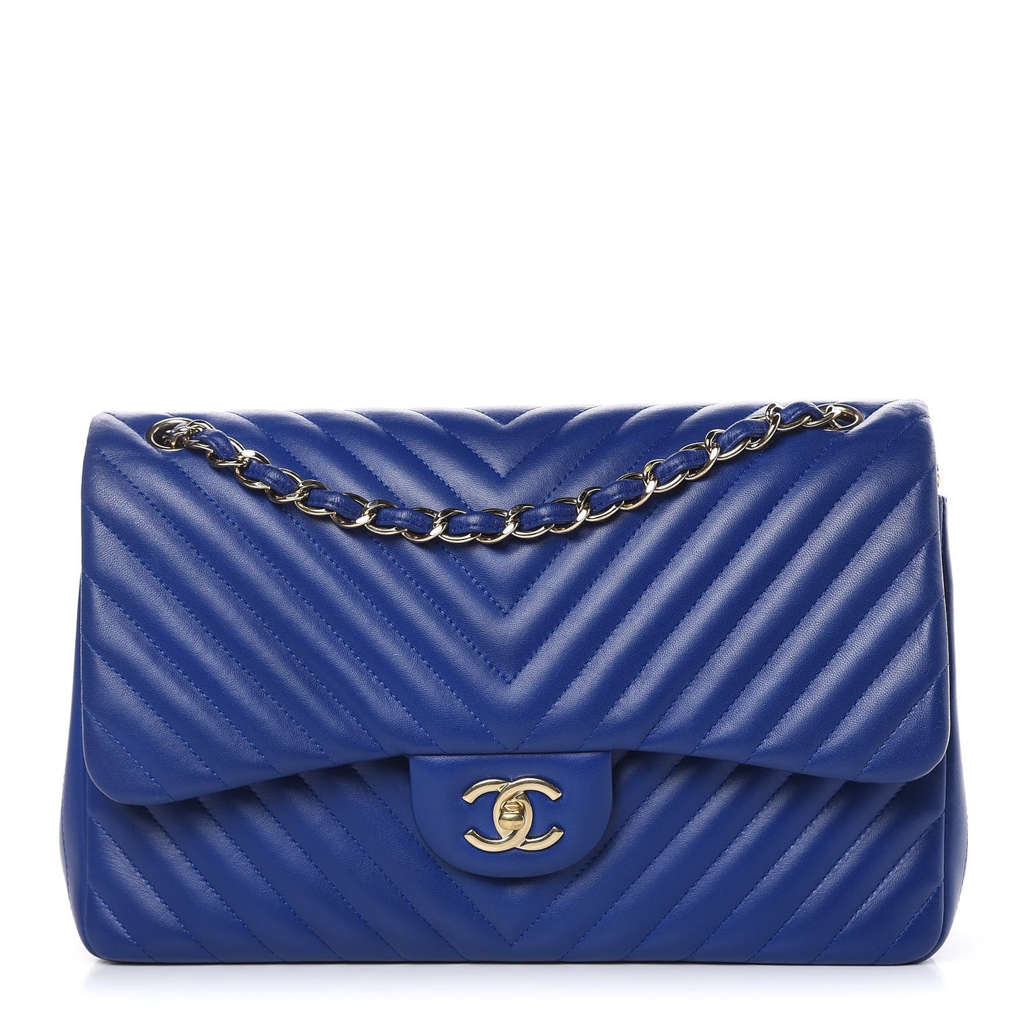 Lambskin Chevron Quilted Jumbo Double Flap Blue
