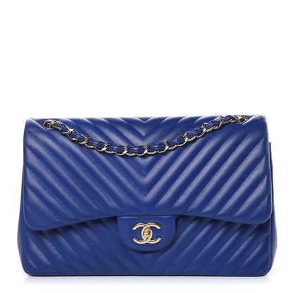 Chanel Lambskin Chevron Quilted Jumbo Double Flap Blue 1 of 11