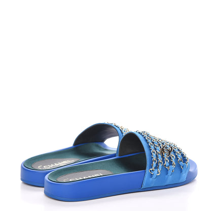 Chanel Satin Chain Flat Sandals 38 Bright Blue 4 of 9