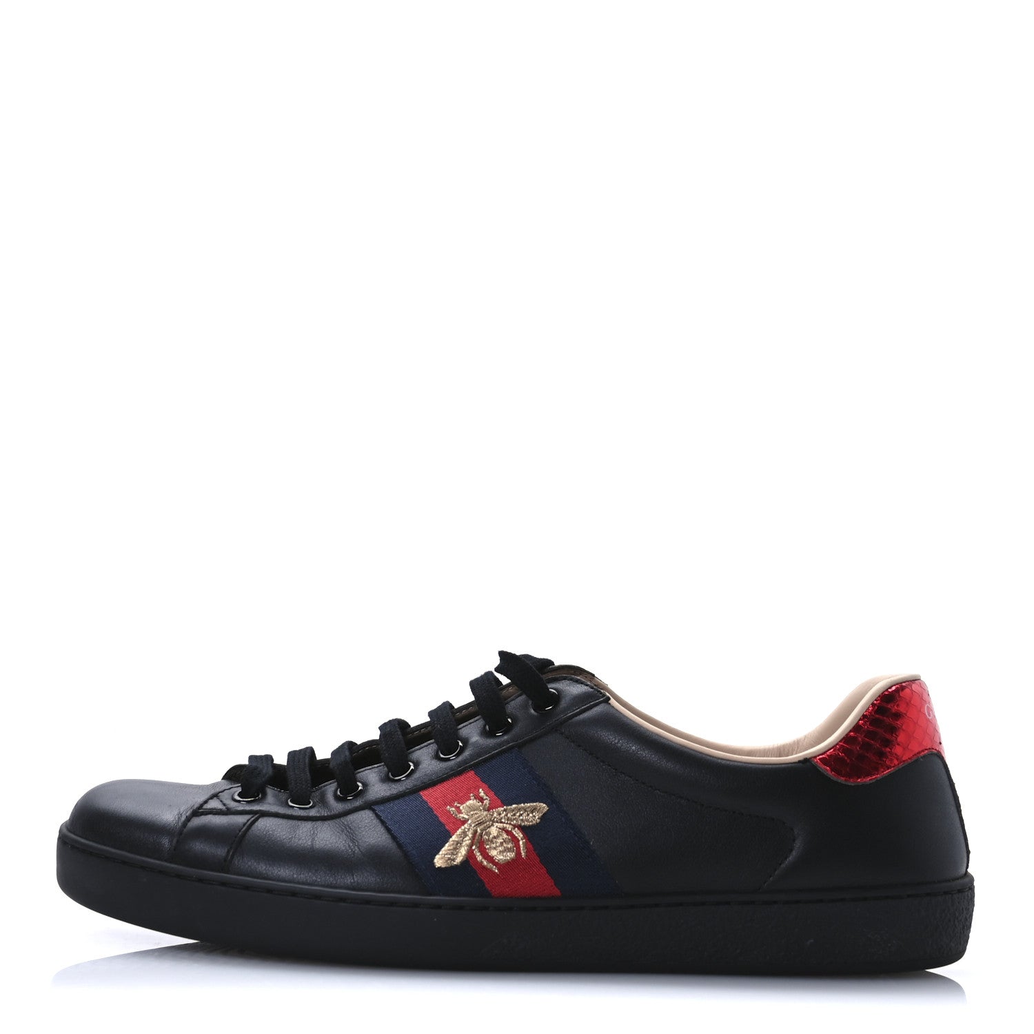 Gucci Miro Soft Calfskin Laminated Ayers Web Bee Embroidered Mens Ace Sneakers 9.5 Black Red Flame Night 1 of 9