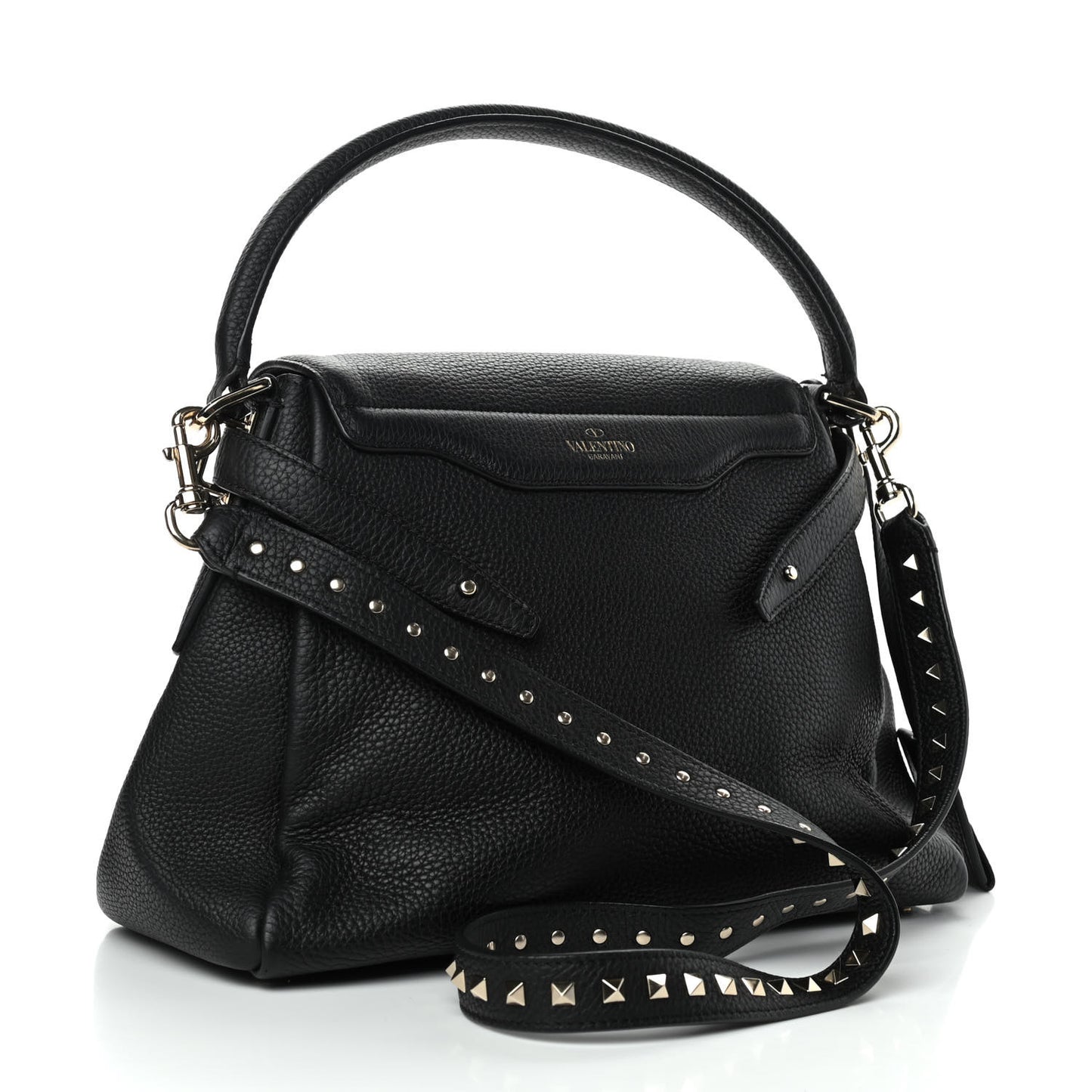 Grained Lagun Calfskin Rockstud Twiny Top Handle Bag Black