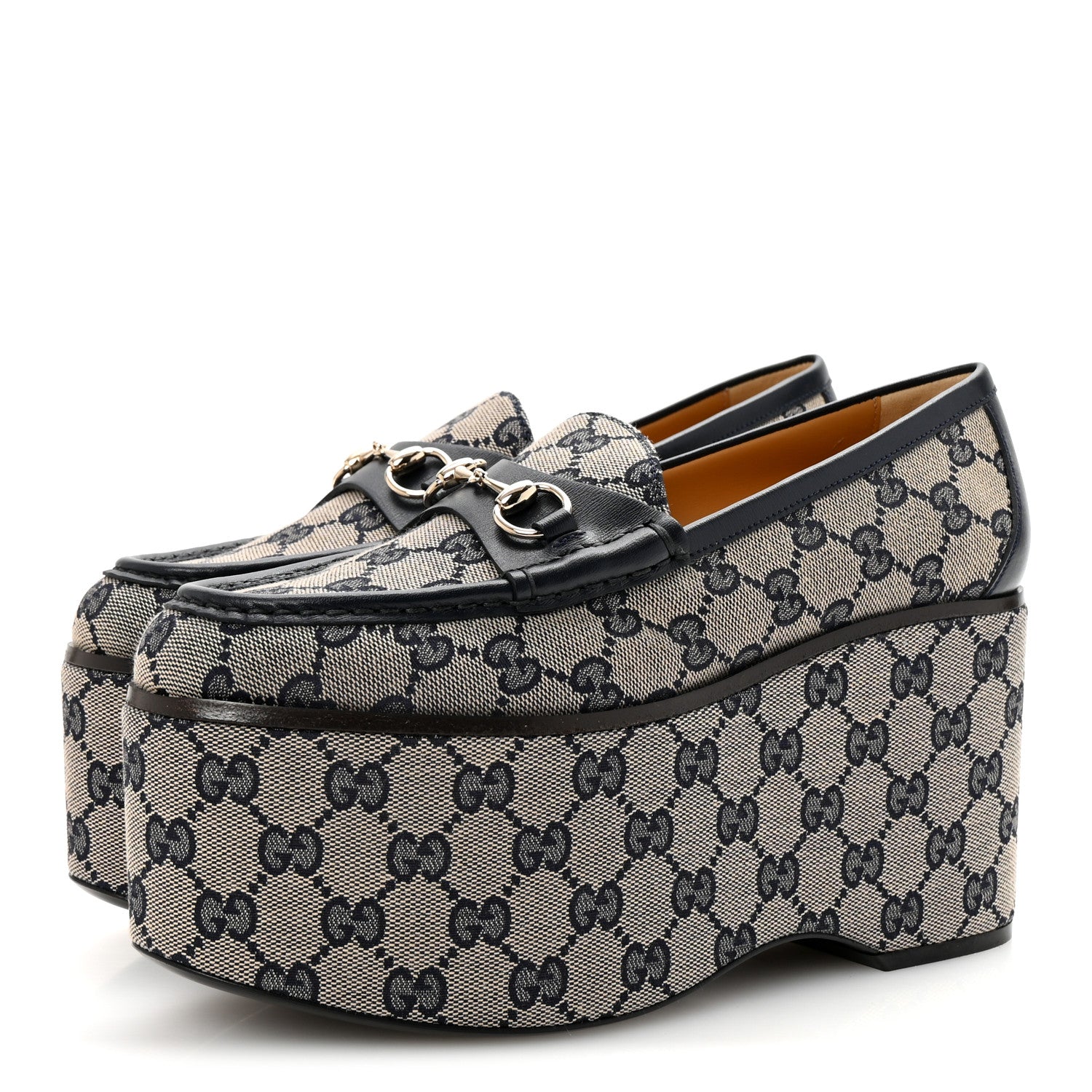 Gucci Canvas GG Monogram Horsebit Calfskin Womens Horsebit Platform Loafers 38.5 Beige Blue 4 of 10