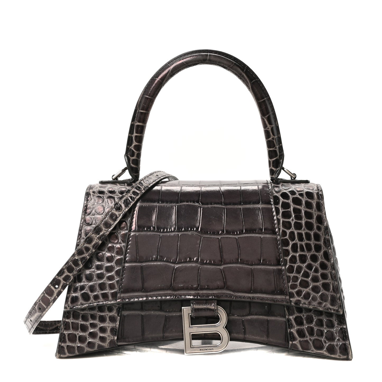 Shiny Calfskin Crocodile Embossed Small Hourglass Top Handle Bag Dark Grey