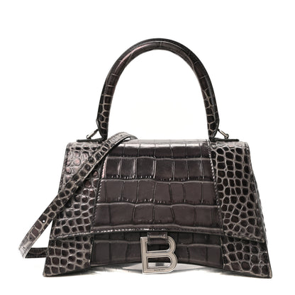 Balenciaga Shiny Calfskin Crocodile Embossed Small Hourglass Top Handle Bag Dark Grey 1 of 9
