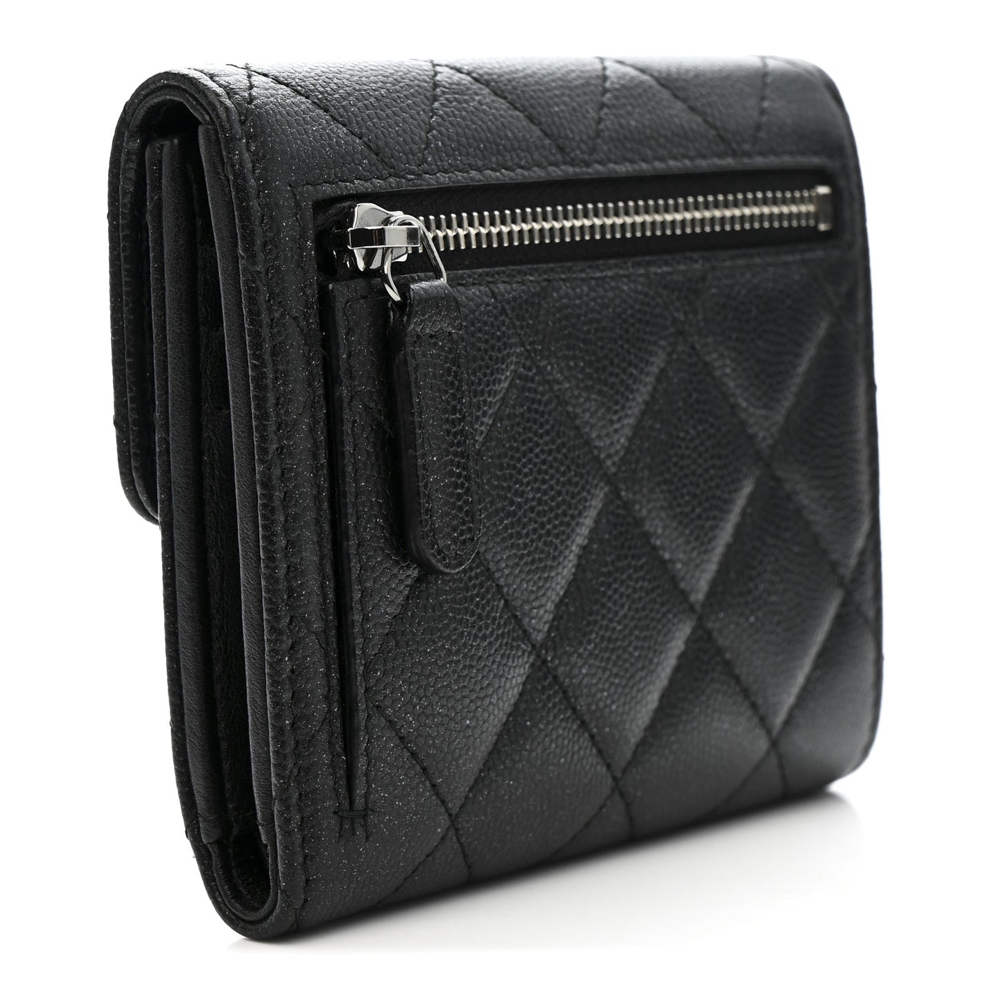Iridescent Caviar Quilted Compact Flap Wallet Black