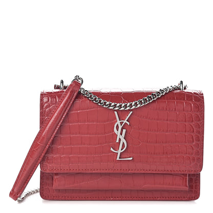 Saint Laurent Calfskin Crocodile Embossed Monogram Sunset Chain Wallet New Lipstick Red 2 of 9
