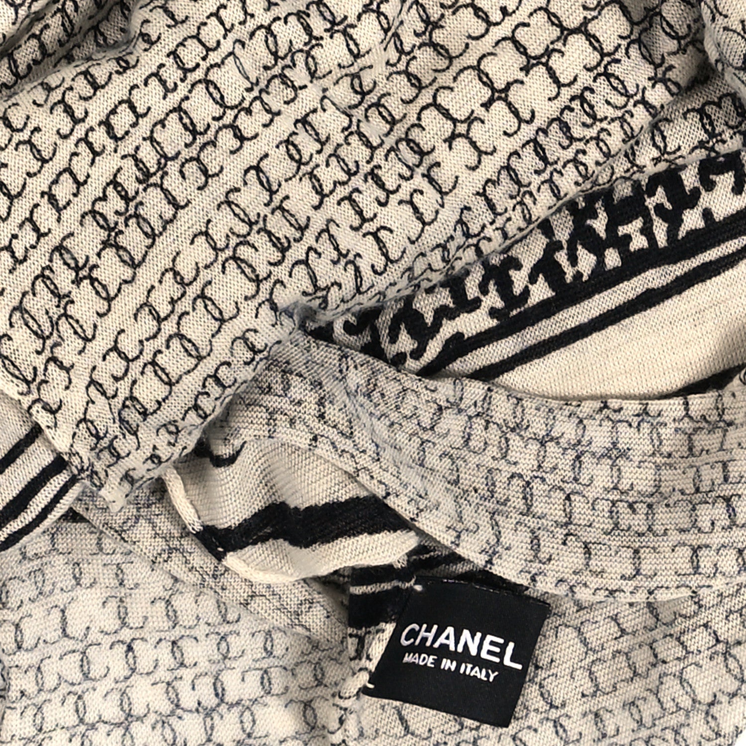 Chanel Cashmere Wool Silk Scarf White Black 3 of 3