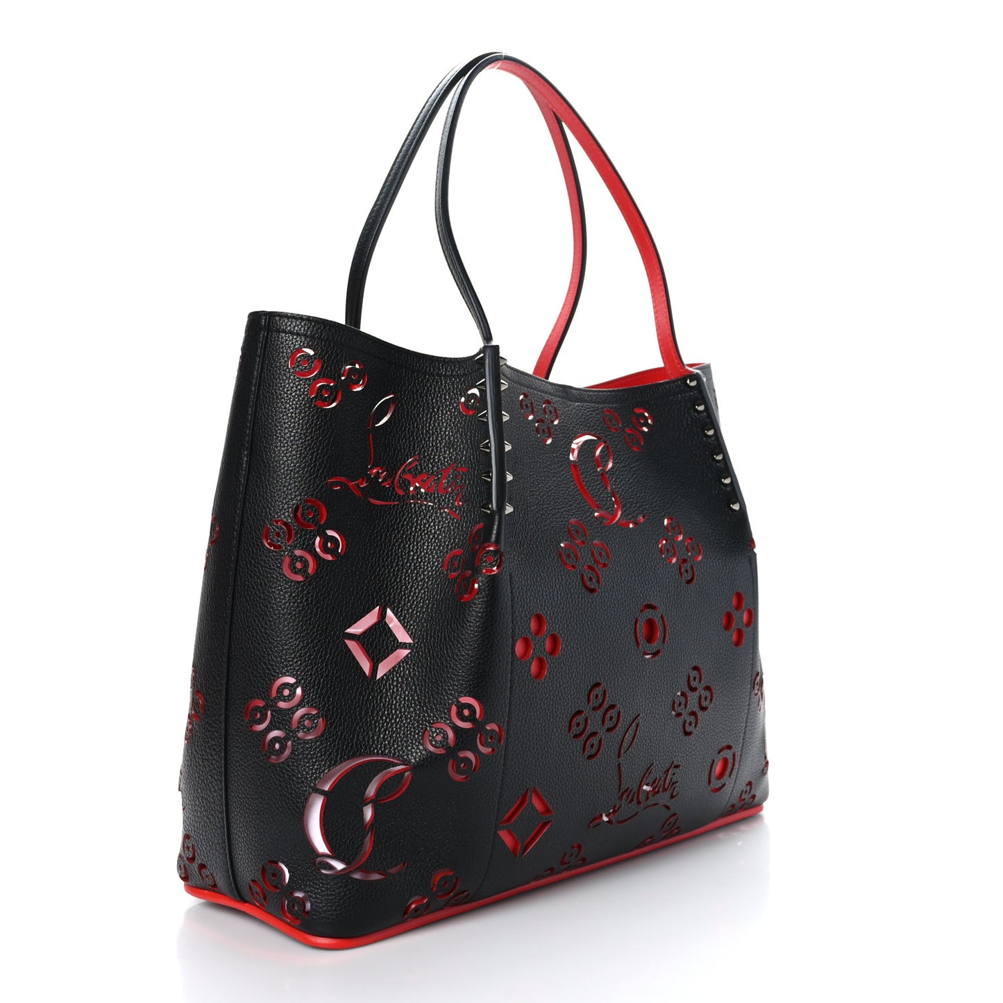Calfskin Loubinthesky Large Perforated Cabarock Spikes Tote Black