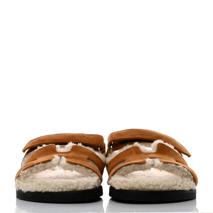 Hermes Suede Goatskin Woolskin Womens Chypre Sandals 38 Brun Fume Ecru 2 of 9